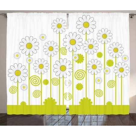 Floral Curtains 2 Panels Set Daisy Flowers In A Sunny Day With