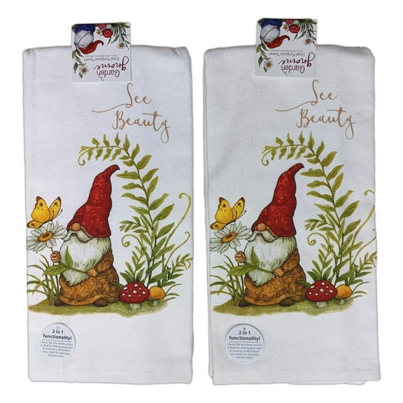 Set of 2 GARDEN GNOME See Beauty Terry Kitchen Towels by Kay Dee Designs