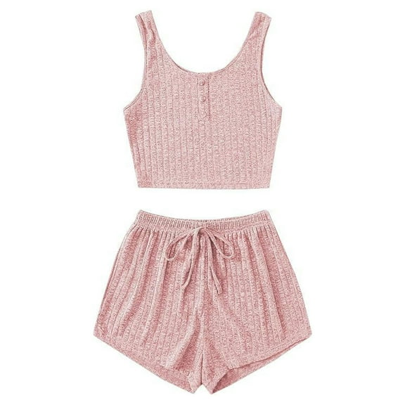 Yuzhih Women 2 Piece Ribbed Pajama Set Sleeveless Crop Cami Tops and Shorts Lounge Sleepwear Pj Set