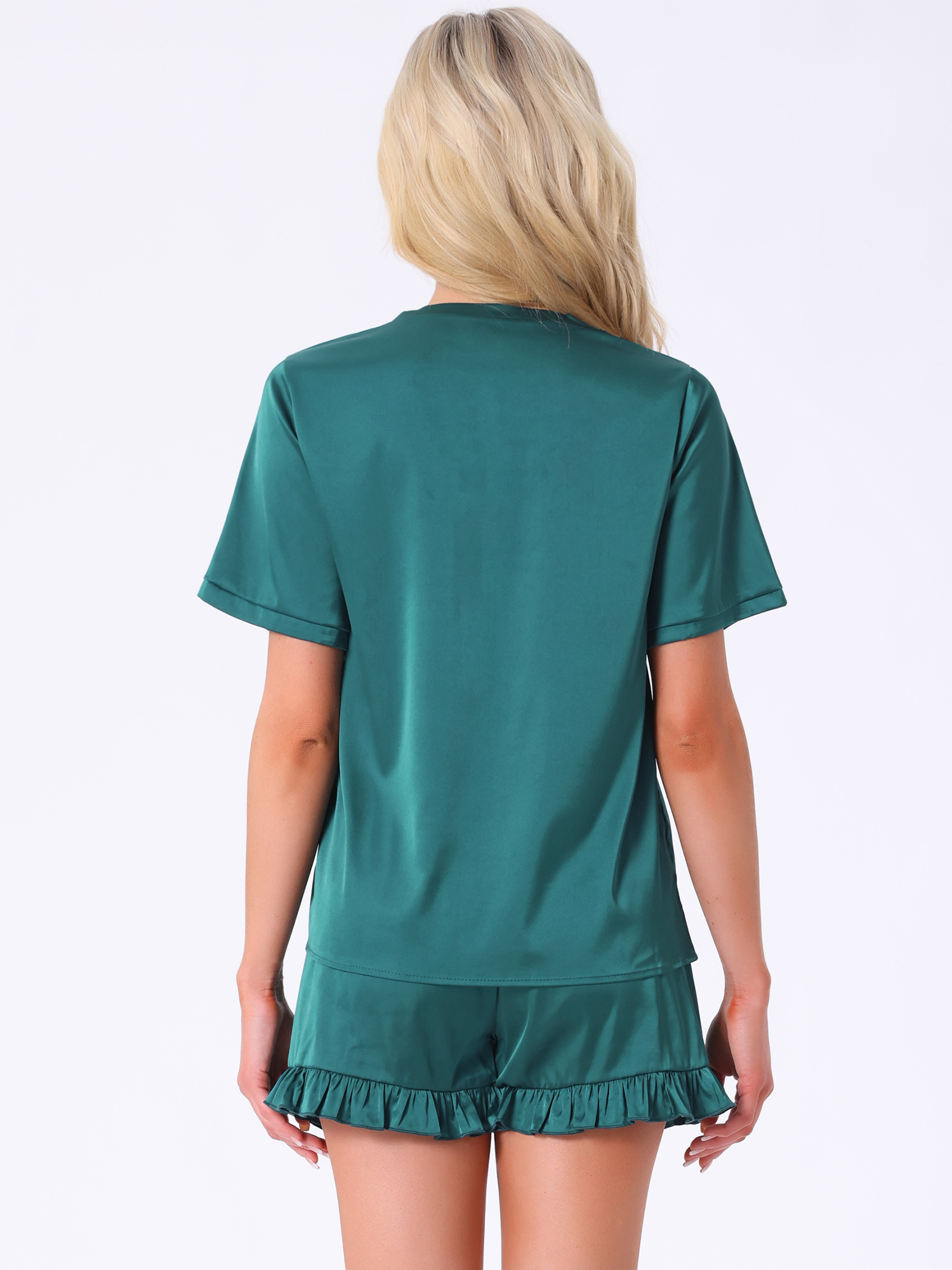 DARING DIVA Silky Satin Short Sleeve Shorts Set V Neck Lounge Pajama Set S Green