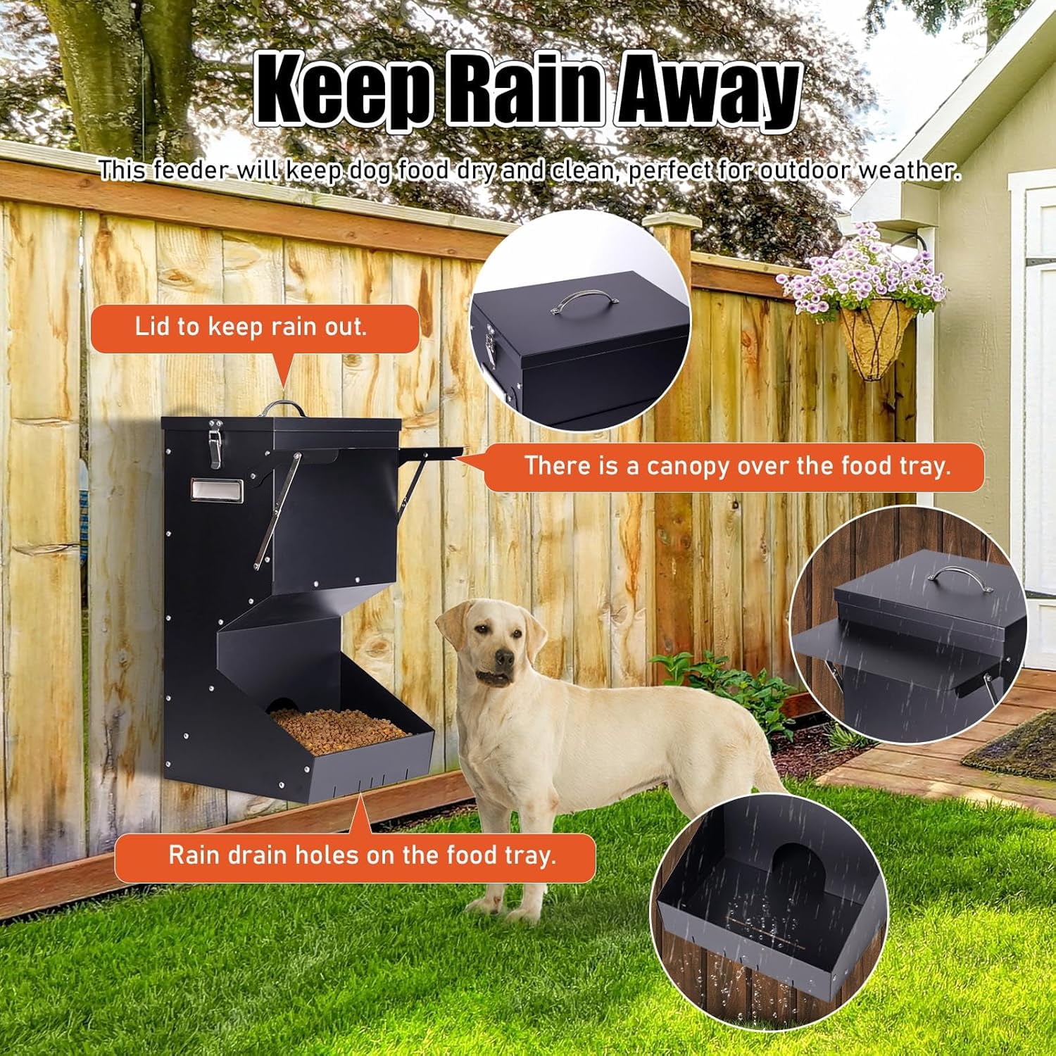 Outdoor Automatic Dog Feeder Large Breed 25 lbs, Galvanized Gravity Feeder for Dogs Metal Self Feeding Dog Food Dispenser Hanging Pet Food Feeders for Dogs Chickens and Farm Animals