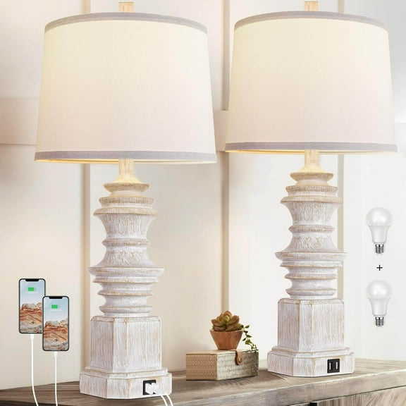 Table Lamp Modern Table Lamp Set of 2 Touch Control, 27" Tall Blue Art Ceramic Bedside Lamp with USB Ports, 3-Way Dimmable Hand Crafted Nightstand Lamps with White Shade for Living Room Bedroom Offic