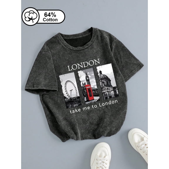 London Landmarks Graphic Vintage Oversized Washed High Street Grunge Y2K Short Sleeve Crewneck Cotton Unisex Men's Women's Tee Shirt