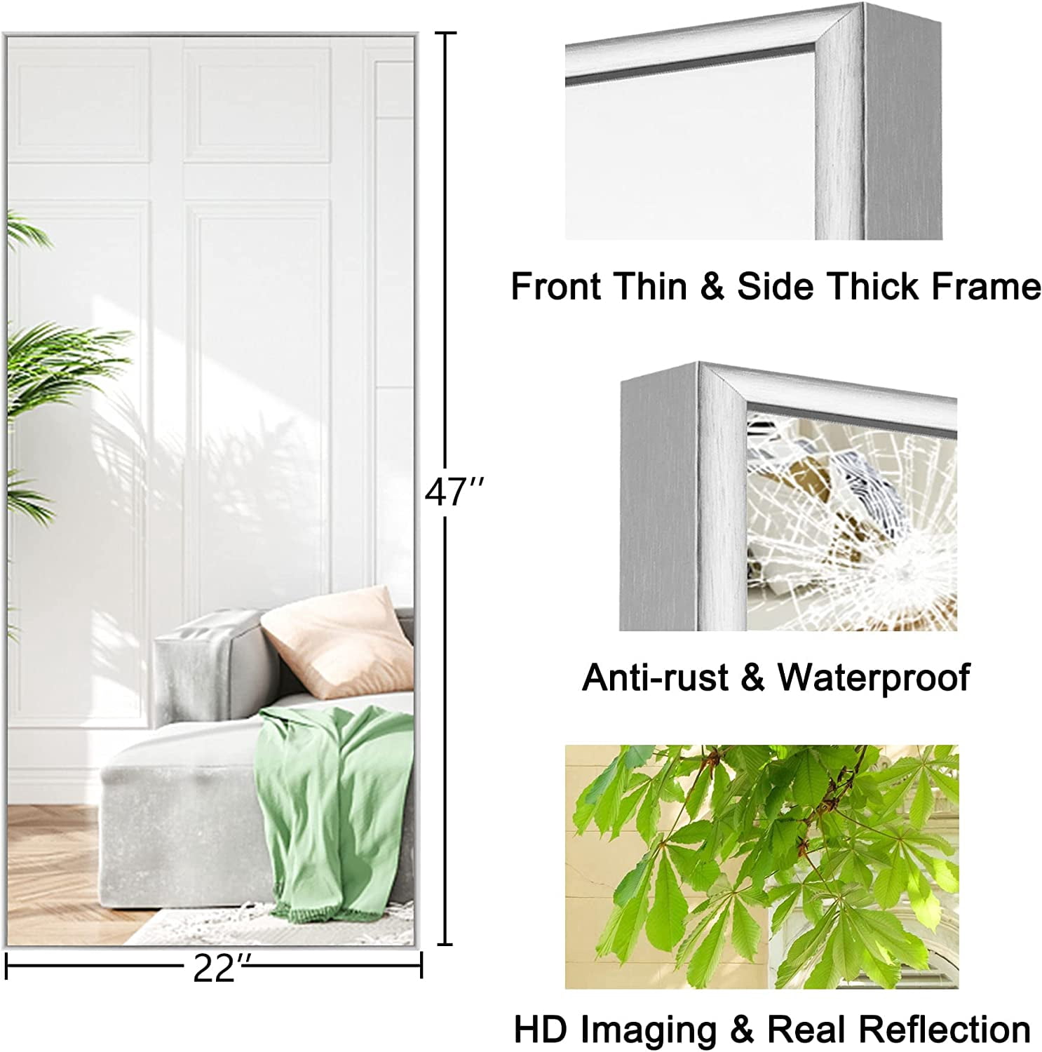 Wall Mirror 47"x22" Large Mirror Wall-Mounted Aluminum Mirror for Bathroom Living Room,Silver