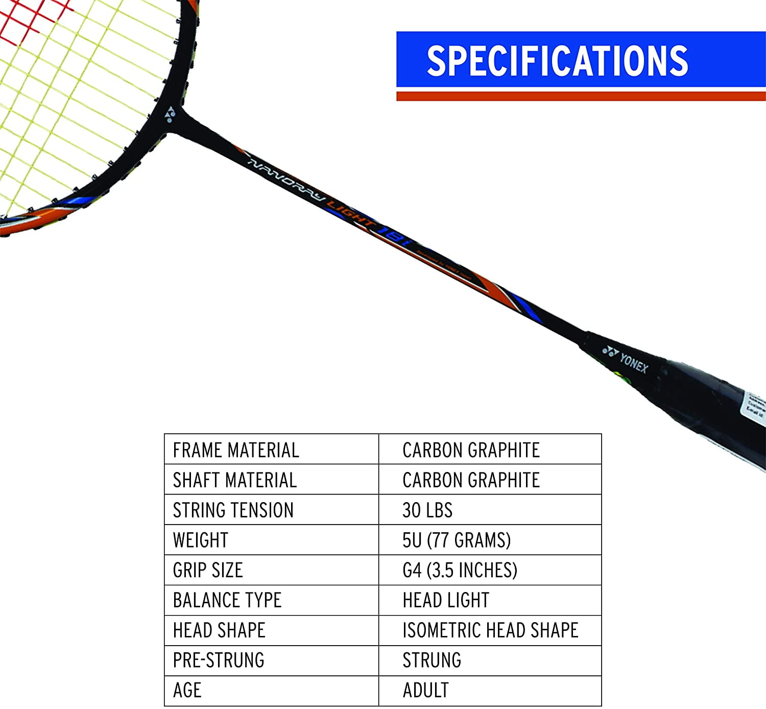 Yonex Nanoray Light 18i Graphite Badminton Racquet 77g, 30 lbs Tension Black 