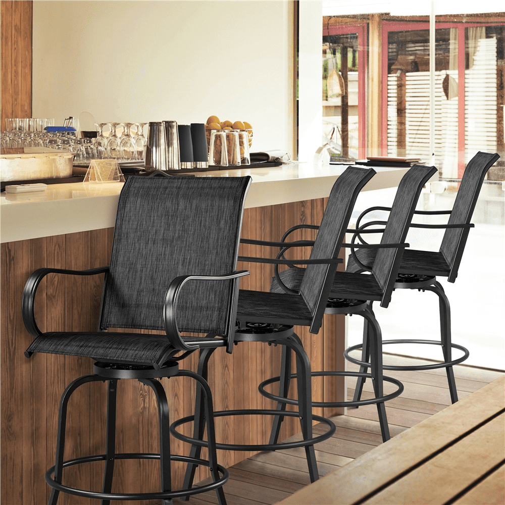 Alden Design 2pcs Outdoor Swivel Texteline Bar Stools with High Back for Garden, Black