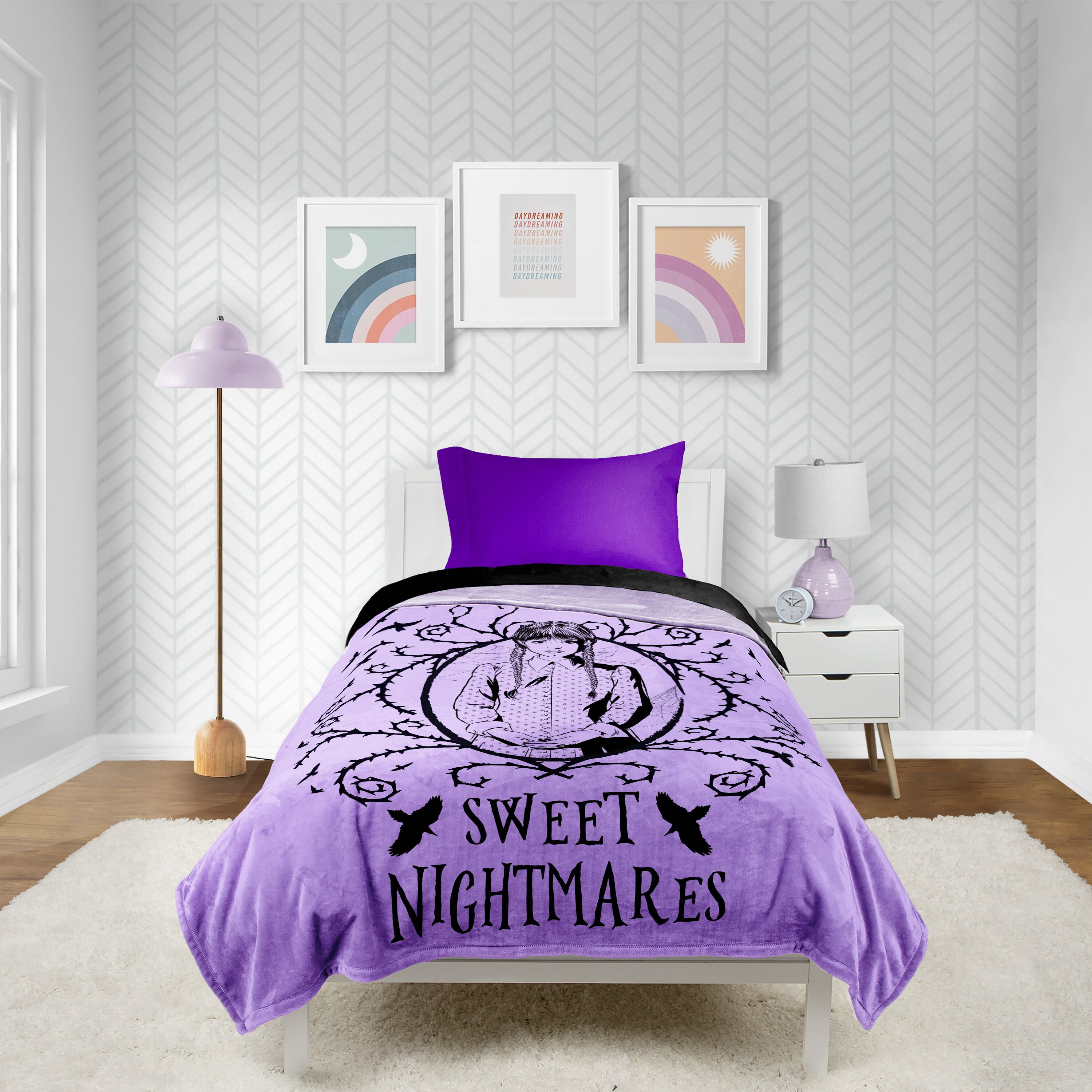 Wednesday Addams Floral Skulls 62" x 90" Silk Touch Throw Blanket, Kids, Polyester, Purple, MGM