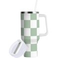 thumbnail image 2 of 30 oz Tumbler with Handle Lid and Straw Insulated Water Tumbler Stainless Steel Water Cup Mug Bottle Reusable Cup Holder Friendly Checkered Green and White, 2 of 6