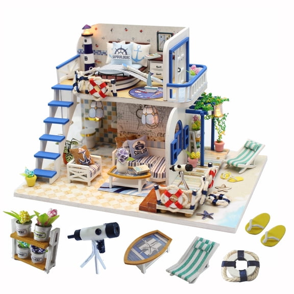 Book Nook Kit for Adults, MOJINO Miniature House Kit DIY Music House Kit Creative Room with Furniture for Romantic Valentine's Gift (Pale Blue Coast)