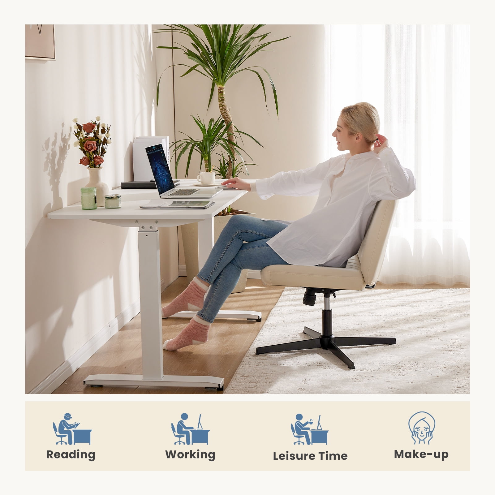 Office Chair Armless Criss Cross Legged Chair No Wheels, Comfy Home Office Desk Chairs, Adjustable Swivel Padded Fabric Vanity Task Computer Chair
