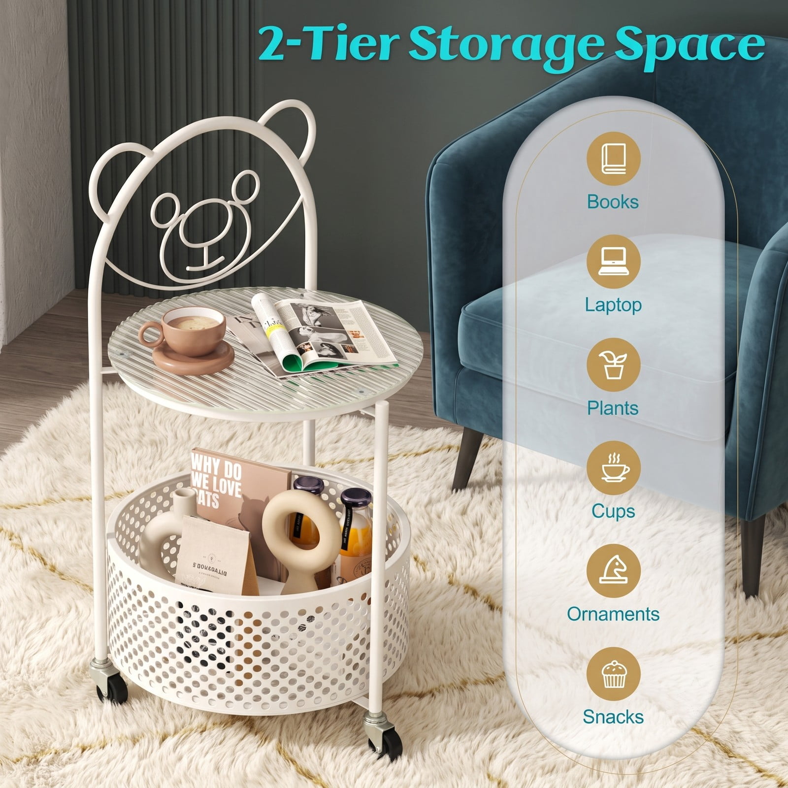 Furnibear Modern Sofa Side Table with Lockable Wheels, Round Tempered Glass End Table with Metal Storage Basket for Living Room Bedroom Study, Rolling C-Shaped, White