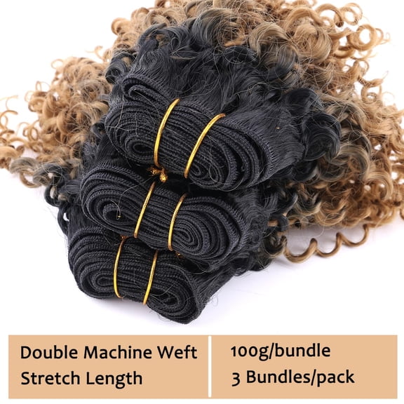 FGERFE-Synthetic Hair Weave Afro Kinky Curly Hair Bundles 12 Inches 3 Bundles Ombre Golden Short Jerry Curly Weave Extensions for Black Women(12 12 12 Inch T1/27#)