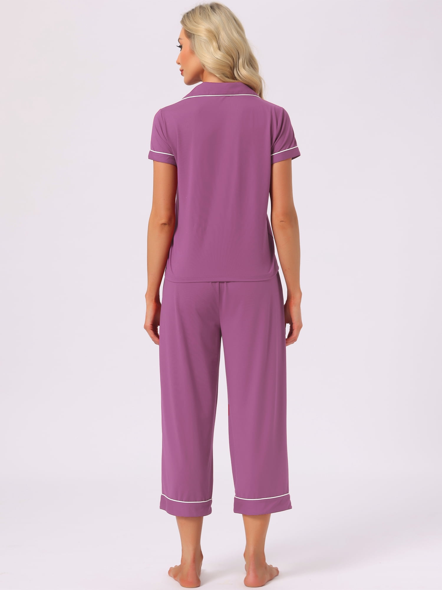 DARING DIVA Women's Capri Pajamas Short Sleeve Button Down Tops with Pants Set L Purple