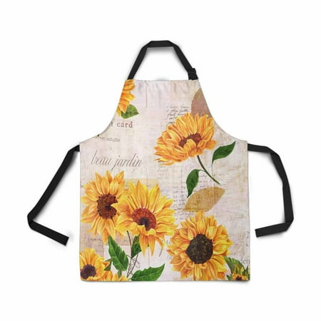 - ASHLEIGH Adjustable Bib Apron for Women Men Girls Chef with Pockets Vibrant Yellow Watercolor Sunflower Newspaper Floral Novelty Kitchen Apron for Cooking Baking Gardening Pet Grooming Cleaning