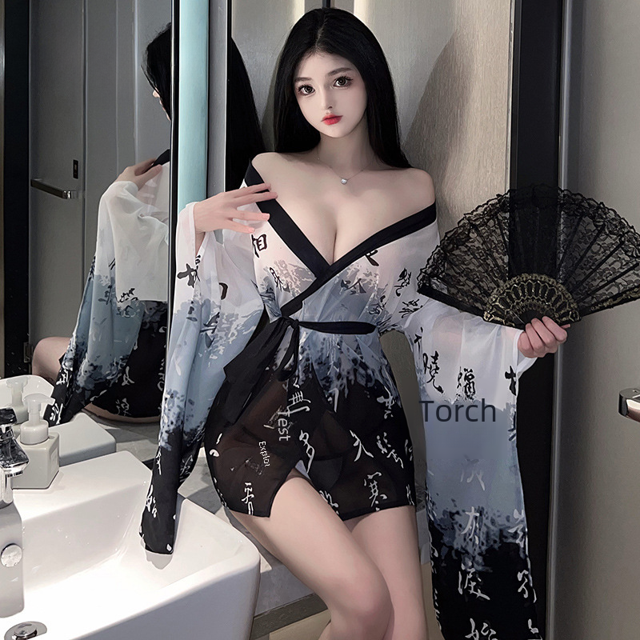 Conjunto de kimono japonés sexy, ropa interior, bata de baño Hanfu antigua, pijama de gran tamaño, lindo juego de rol