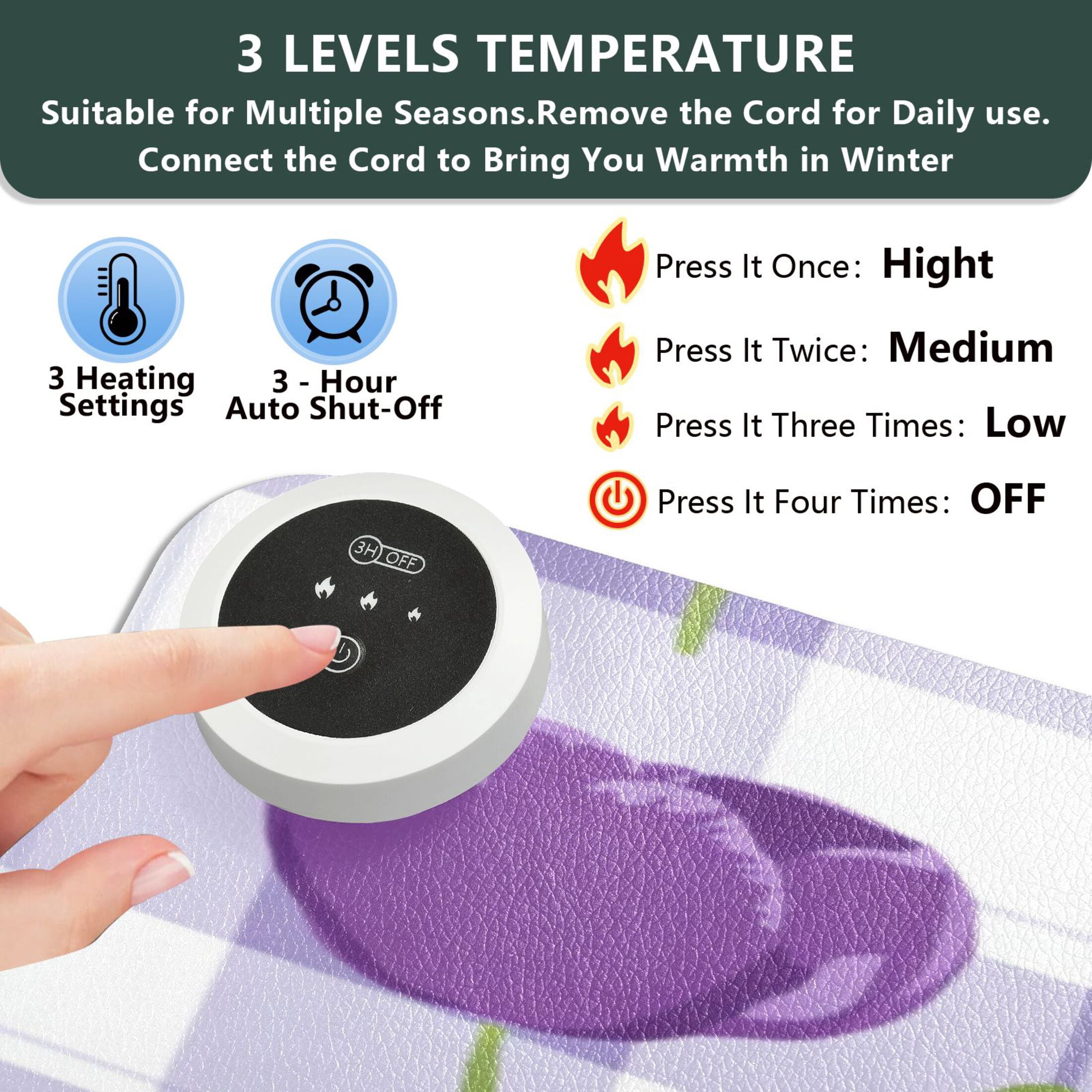 Large Heated Desk Mat Mouse Pad 31.5"x13"PU Leather Graphene Heating Desk Warmer with 3 Temperature Settings 110V US Plug Non-Slip Warm Pad for Home, Office, and Gaming Cute Cartoon Purple Tulips