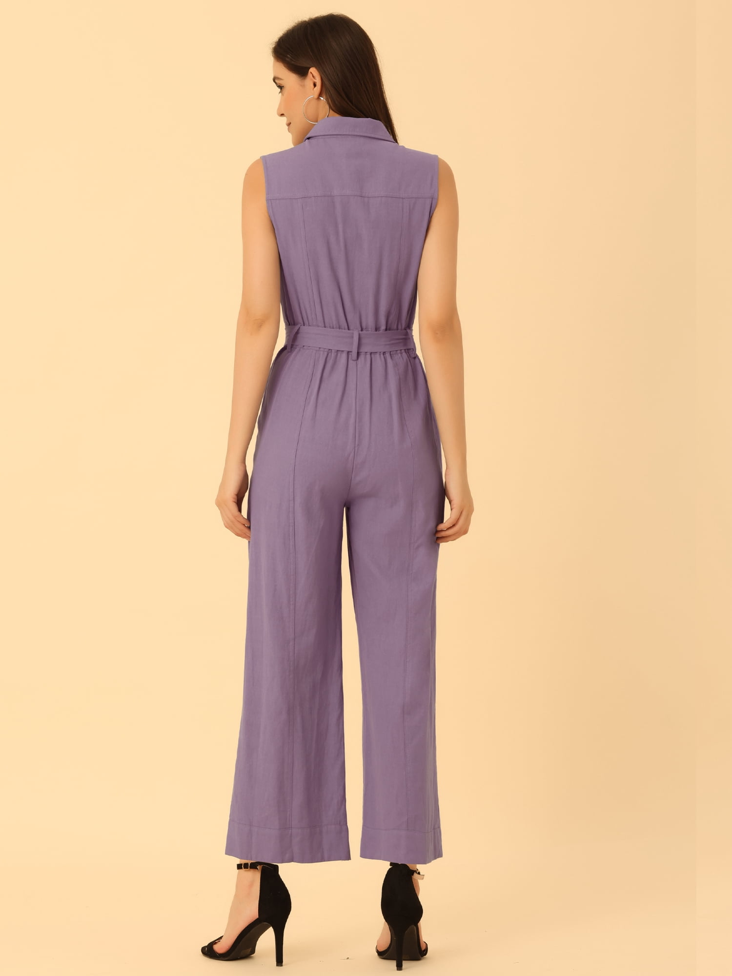 DARING DIVA Women's Wide Leg Jumpsuit Collared Tie Waist Coverall S Purple