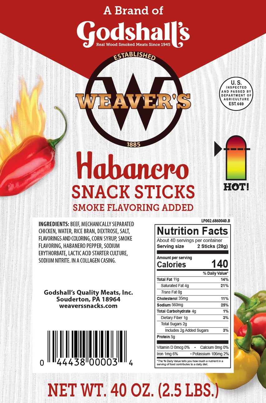 Weaver’s Habanero Snack Sticks (80 spicy 7" beef and chicken snack sticks per 40oz bag)