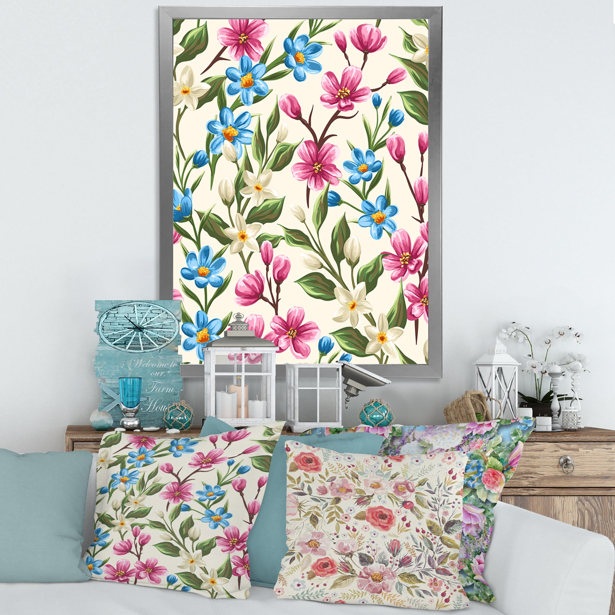 Designart 'Vintage Blue and Pink Wildflowers' Traditional Framed Art Print