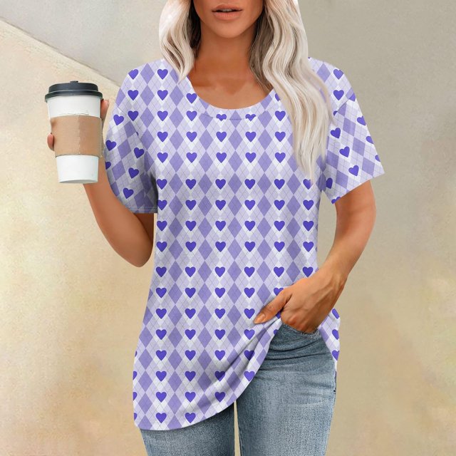 Puntoco Liquidación de blusas cortas para mujer Blusas estampadas de moda para mujer Camiseta de manga corta Cuello redondo