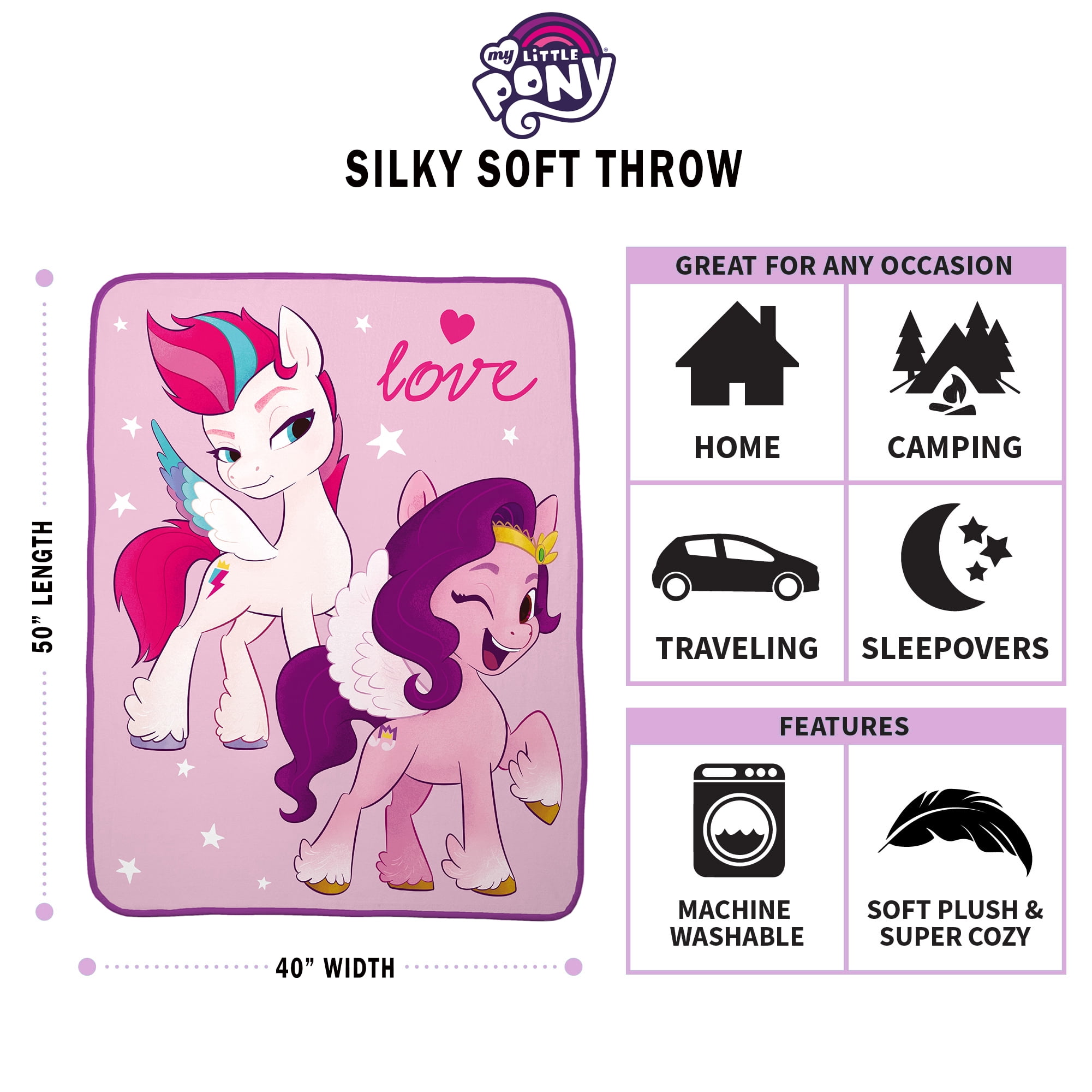 My Little Pony Kids Silky Soft Plush Throw Blanket, 40 x 50, Pink, Purple, Hasbro