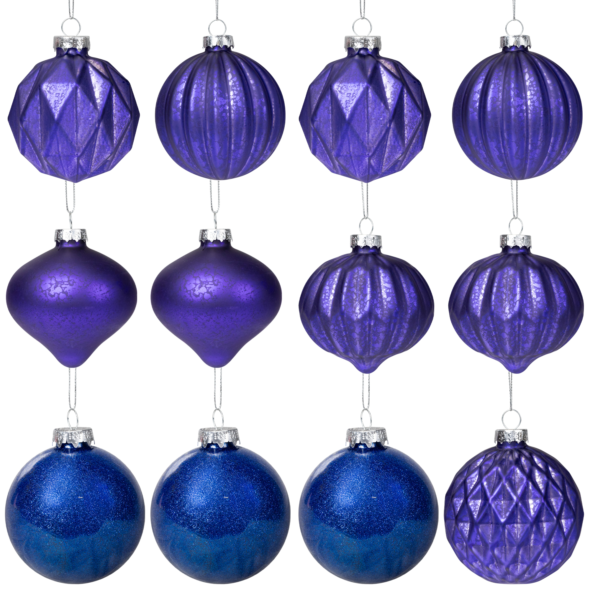 Multi Finish Ball and Onion Christmas Ornaments - 3.25" - Royal Blue and Purple - Set of 12