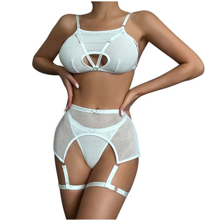 

RQYYD Clearance Women Lingerie Sets with Mesh Garter Belt 3 Piece Lace Teddy Babydoll Bodysuit(White M)