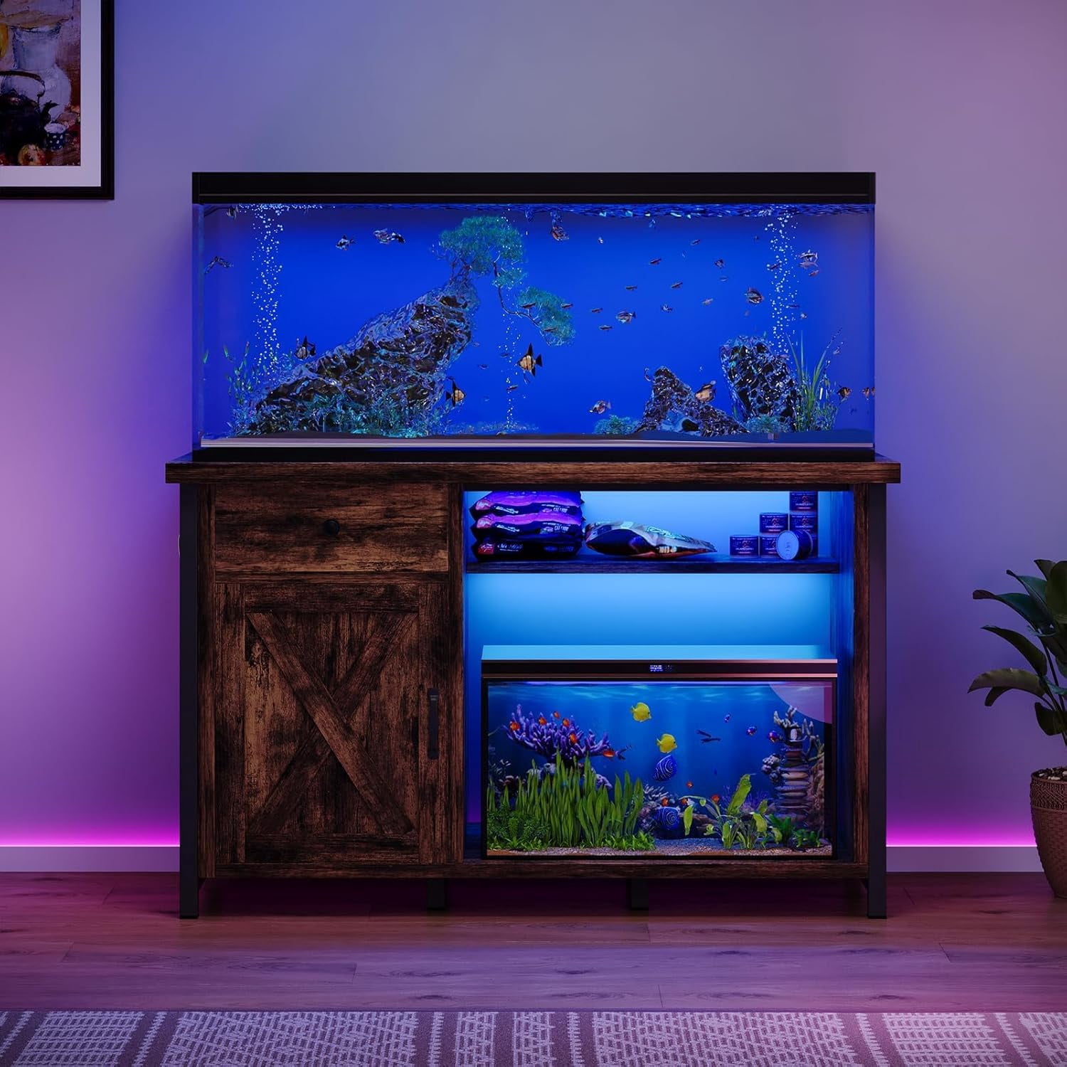 DreamCurship 55-75 Gallon Aquarium Stand with Storage Cabinet & Power Outlets LED Light, Fish Tank Stand with Drawer & Barn Door, Suitable for Fish Tank Stand, Turtle Tank, Reptile Terrarium, Brown