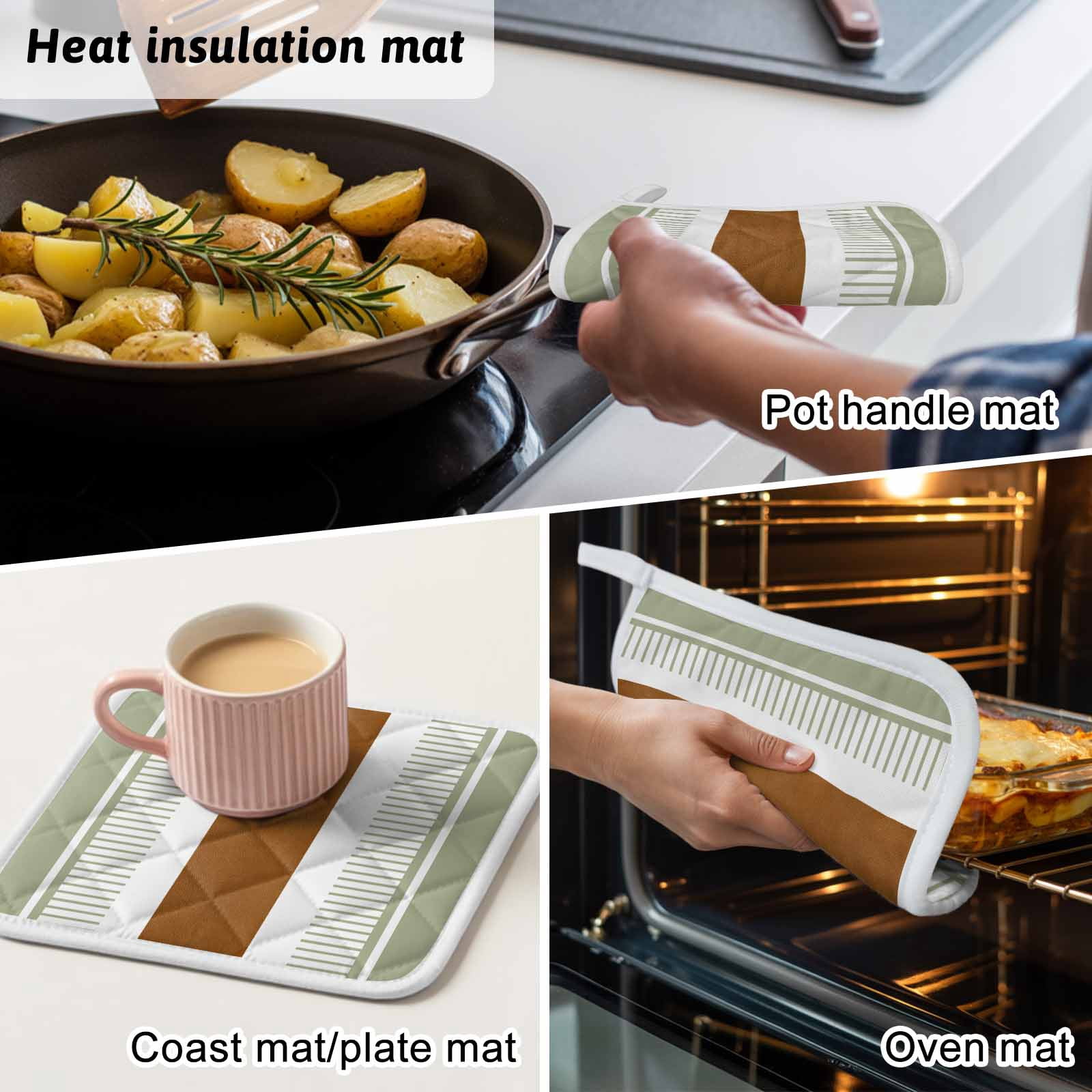 Sage Green Farmhouse Pot Holders for Kitchen Heatproof Potholder, 5 Pack Green Brown Striped Hot Pads Multipurpose Oven Pads Cloth Potholders Trivet for Cooking Baking