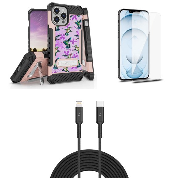 Bemz iPhone 13 Pro Bundle: Tri Shield Shockproof Armor Rugged Case (Lavender Hummingbirds), Premium Glass Screen Protectors (2-Pack), USB-C to Lightning Cable (3.3ft/1m)