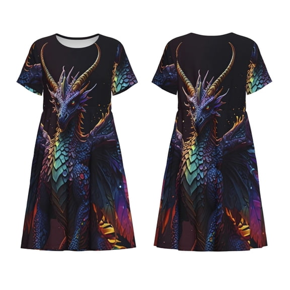 Horeoi Rainbow Wings Majestic Dragon Print Women's Short Sleeve Dress Breathable Polyester-Spandex All-Over Print A-Line Side Pockets Elastic Waist