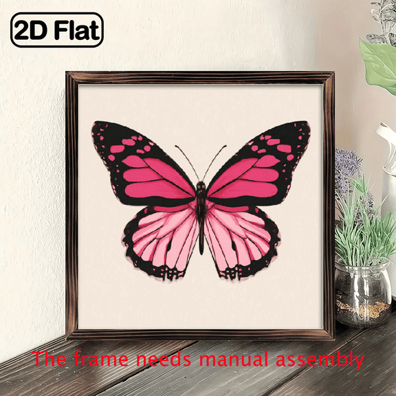 2D Flat 1pc 8x8 Inch Pink Butterfly Framed Wall Art - Vibrant Summer Home Decor with Black Accents, Ready to Hang, Room Decor, Perfect Festive Gift For Halloween, Christmas, 8*8in