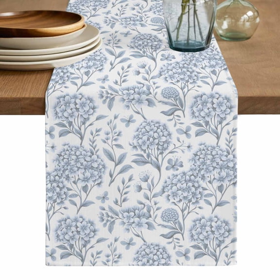 Blue Flower Table Runner, Botanical Floral Vintage Wildflower Leaf Washable Cotton Linen Table Runners 60 Inches Long, Dresser Scarf Runner for Coffee/TV Stands/Kitchen/Cabinets 13''x60''