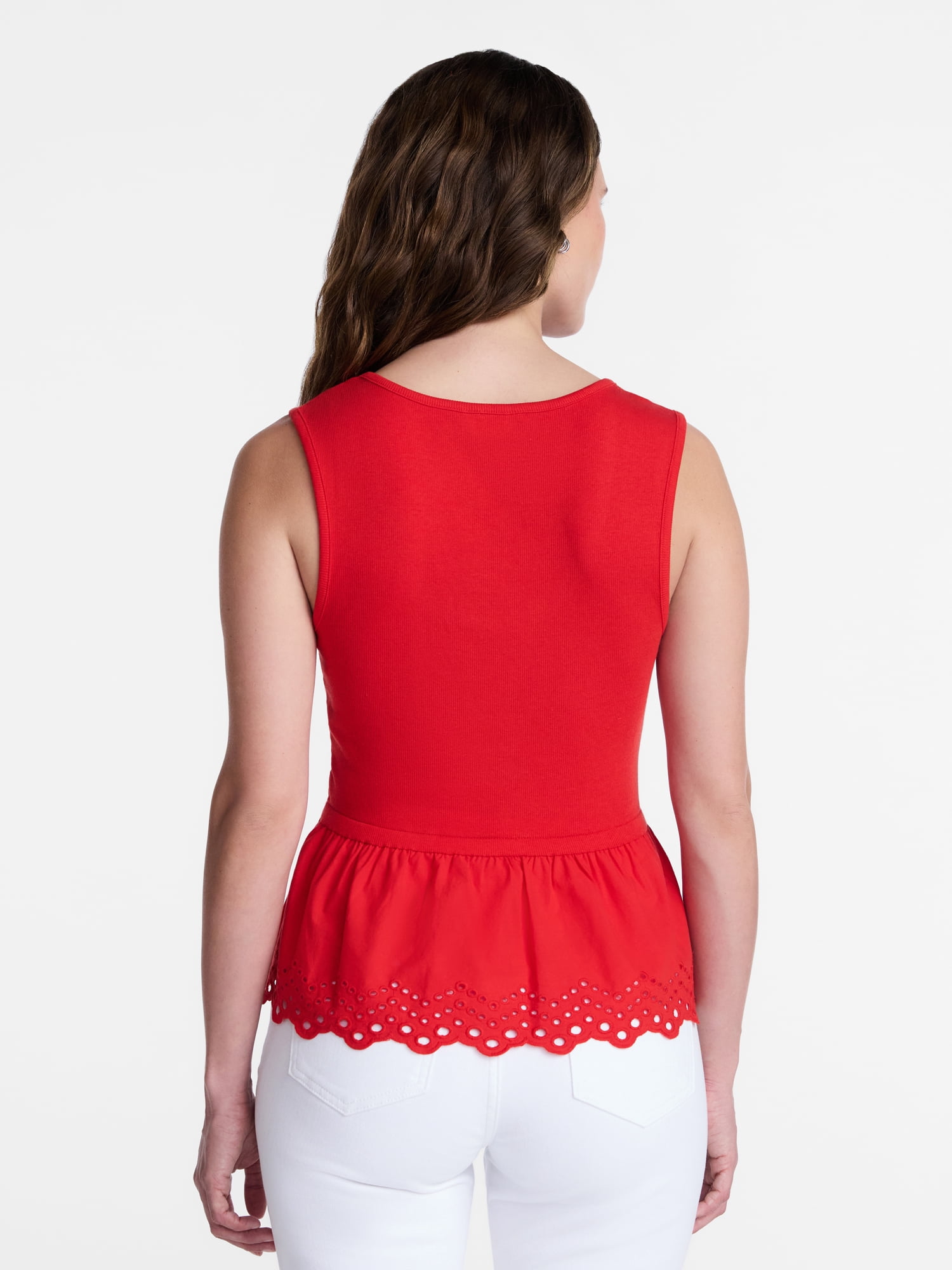 Time and Tru Women's Peplum Tank Top with Eyelet Trim, Sizes XS-XXXL
