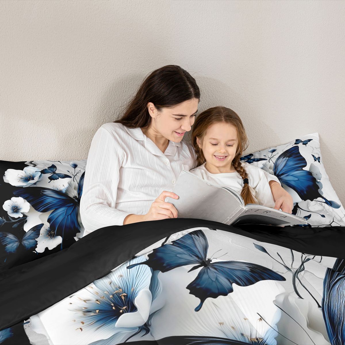Homewish 3D Cartoon Butterflies 7 Pieces Bedding Comforter Set,Retro Rustic Floral Full Bedding Set,Blue White Black Fitted Sheet Flat Sheet For Girls Teens,Breathable Home Decor Reversible