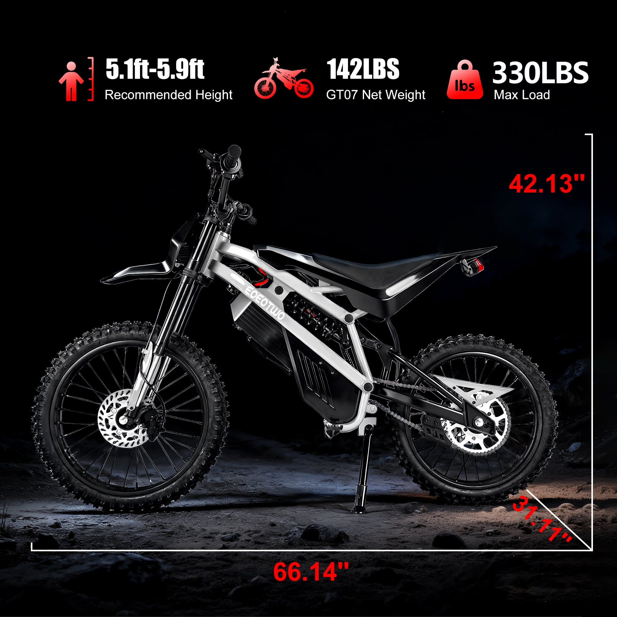 EOEOTWO Electric Dirt Bike for Adult Peak 4000W,Up to 45MPH,60V 35AH 50Miles Long Range Off-road E-bicycle with Front and Rear Hydraulic Disc Brakes