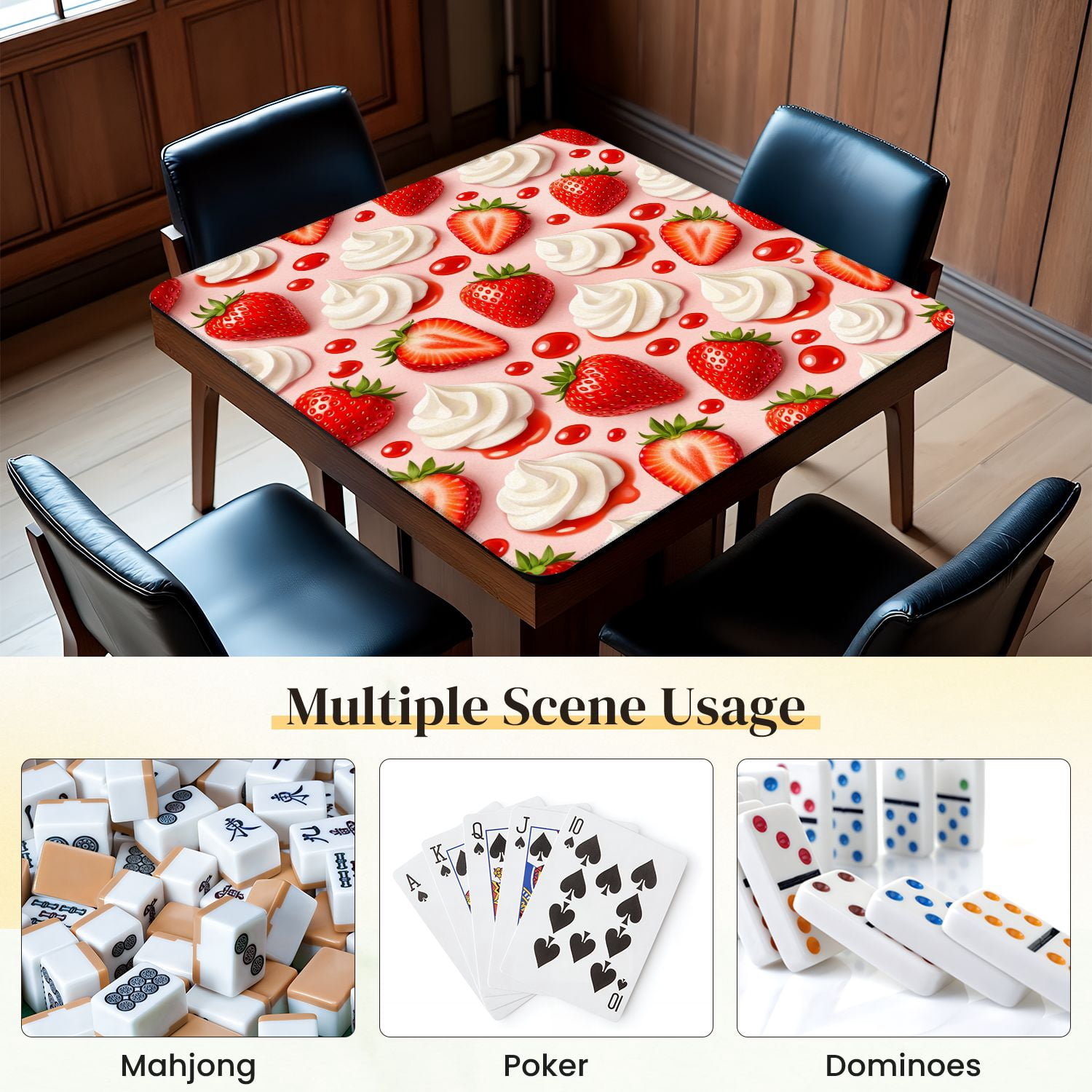 Mahjong Mat 31.5" x 31.5" Seamless Fresh Red Strawberries Whipped Cream Anti-Slip and Noise Reduction Symmetry Design Mahjong Tiles Table Cover for Dominoes Poker Card Board and Tile Games