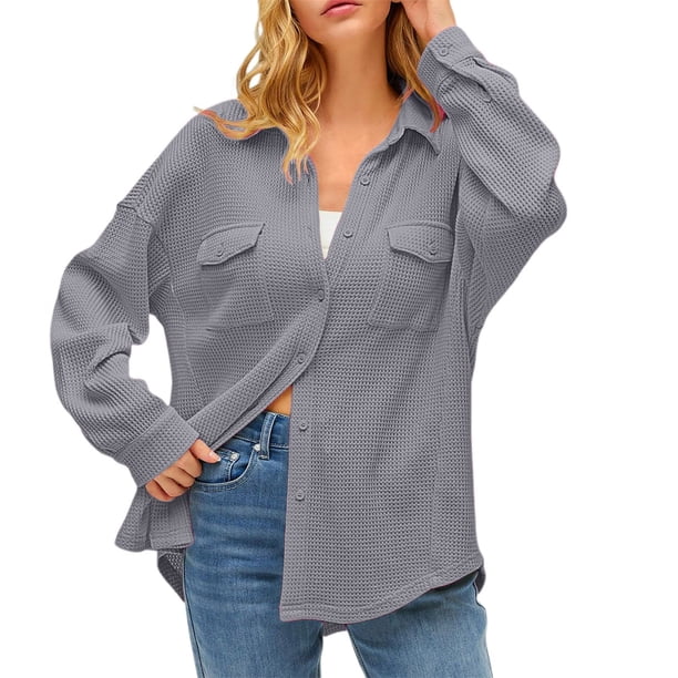 Camisa con bolsillos de color liso para mujer: top de punto holgado de manga larga, poliéster, versátil para primavera/otoño, tallas US 4-12, EU 34-42