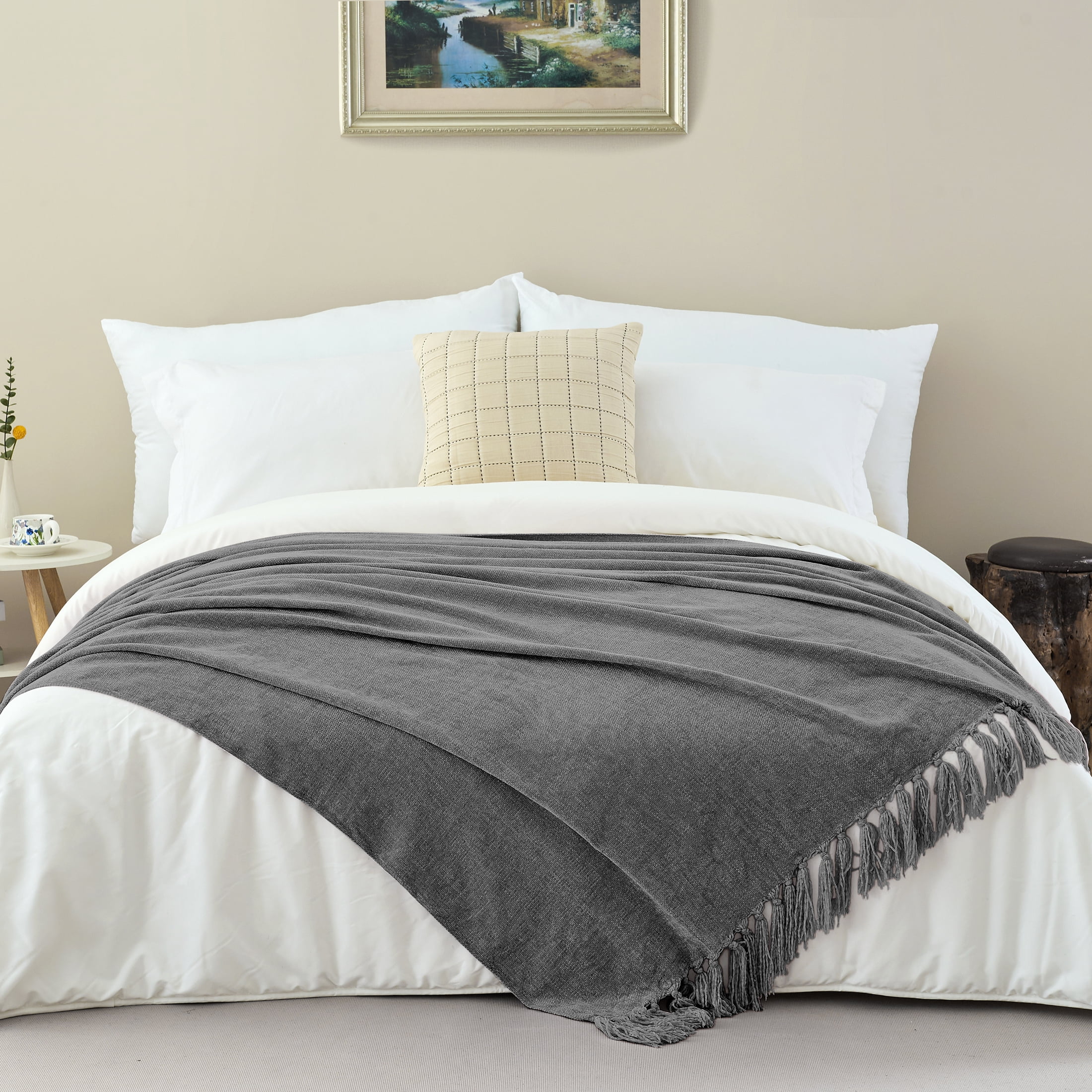 LONG CREATE Chenille Throw Blanket with Fringe Tassel for Couch Sofa Chair Bed, Dark Grey 50" x 70"