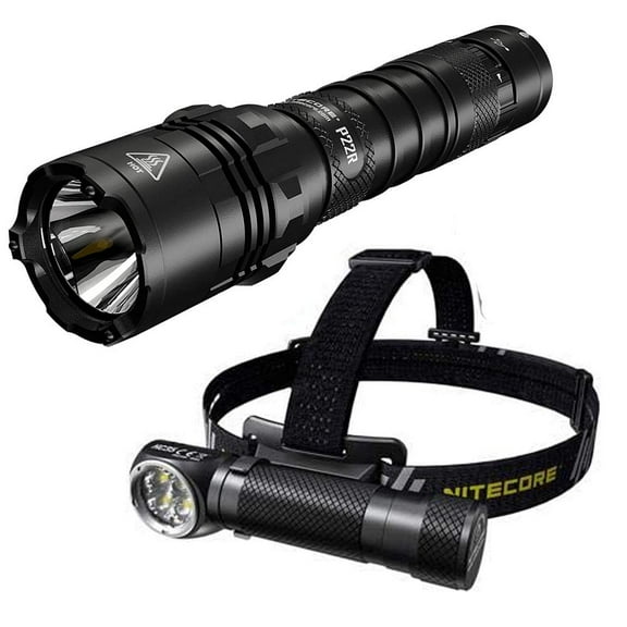 Outdoor Value Pack: Nitecore HC35 Headlamp  and  P22R Flashlight -Both can be Recharged on the go or at home