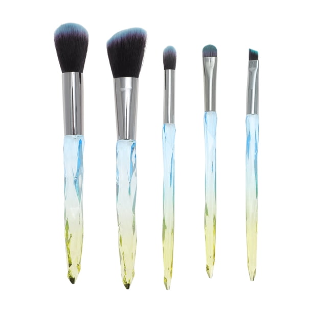 Conjunto de brochas de maquillaje de cristal de 5 piezas para baño, mango de plástico azul y amarillo, pelo de nylon