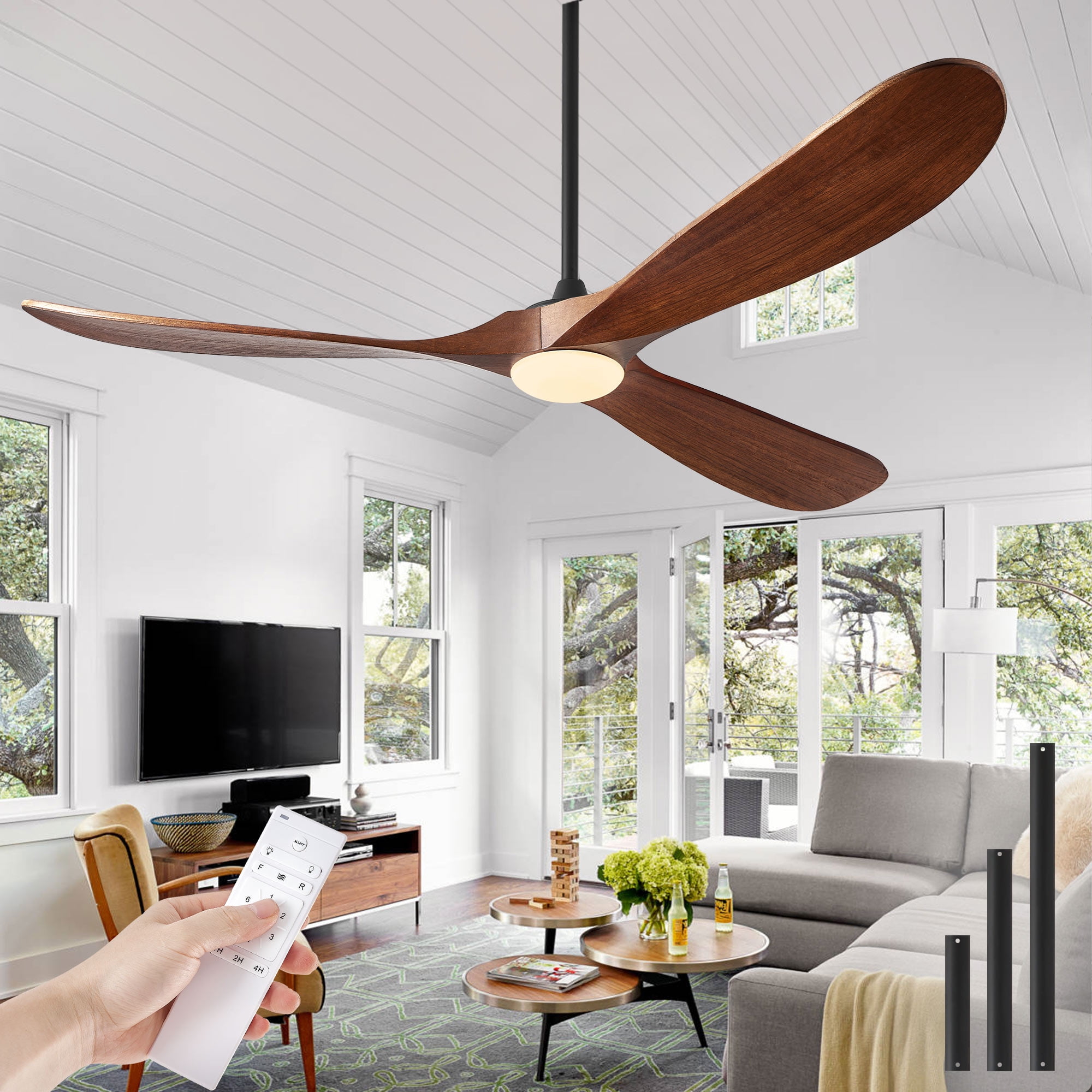 72" 3-Blade Ceiling Fan with Light & Remote – 6-Speed High CFM Quiet DC Motor, Solid Walnut Wood Blades, Indoor/Outdoor/Patio (Coastal/Farmhouse)