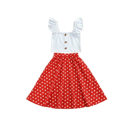 

Calsunbaby Girls Summer Outfit Solid Color Square Neck Fly Sleeve Crop Tops Polka Dot Print Skirt Set