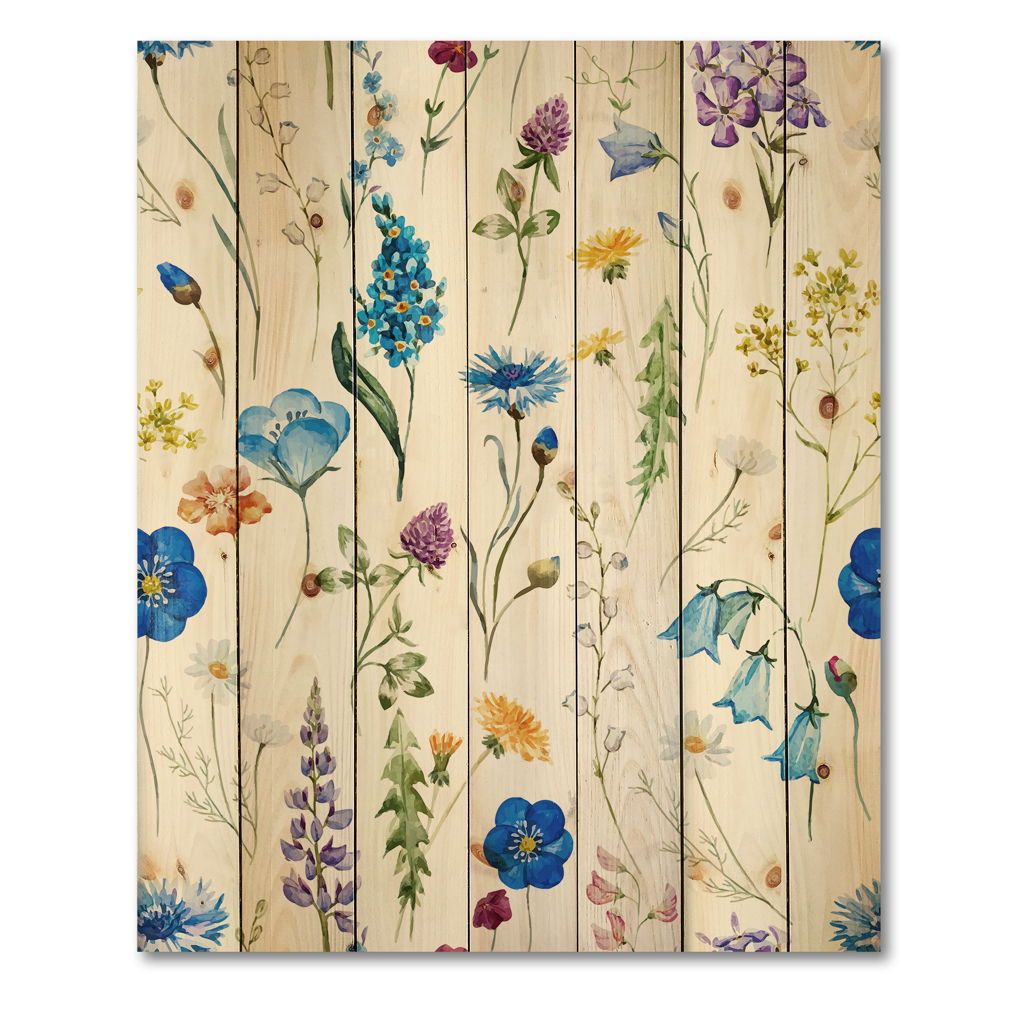 Designart 'Blue Wildflowers With Leaves I' Traditional Print on Natural Pine Wood