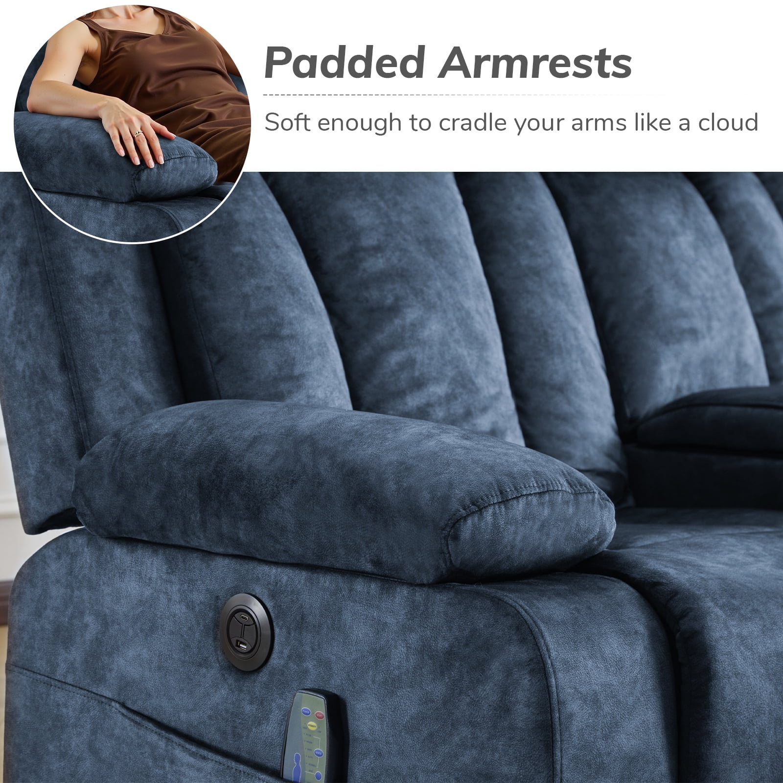 Power Recliner Loveseat Sofa with Console Storage, Heat & Massage, Reclining Sofa Couch with Cup Holders, USB & Type-C Ports, Dutch Velvet Recliner Couch for Living Room, RV,Office,Apartment