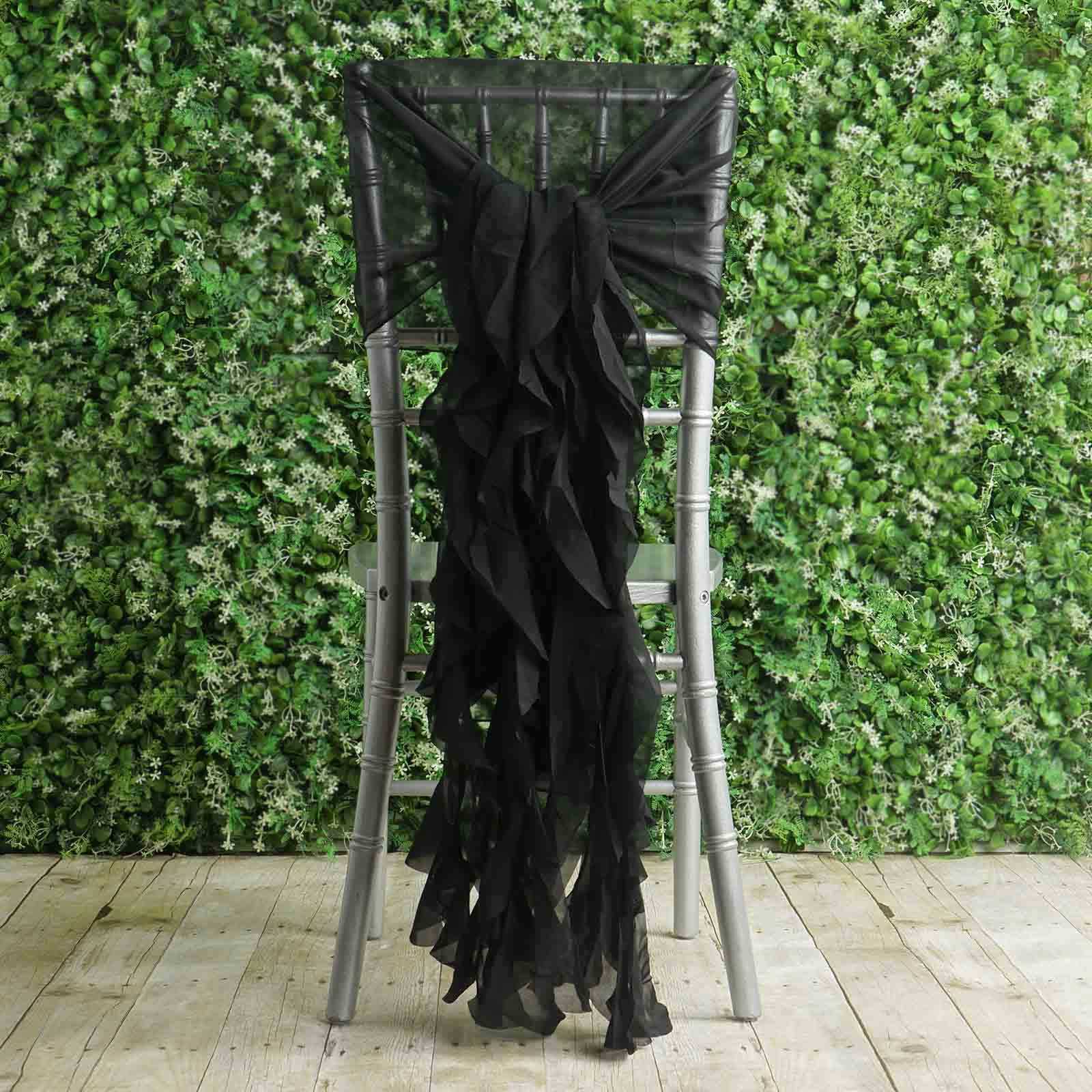 Efavormart 1 Set Black Premium Designer Curly Willow Chiffon Chair Sashes For Home Wedding Birthday Party Dance Banquet