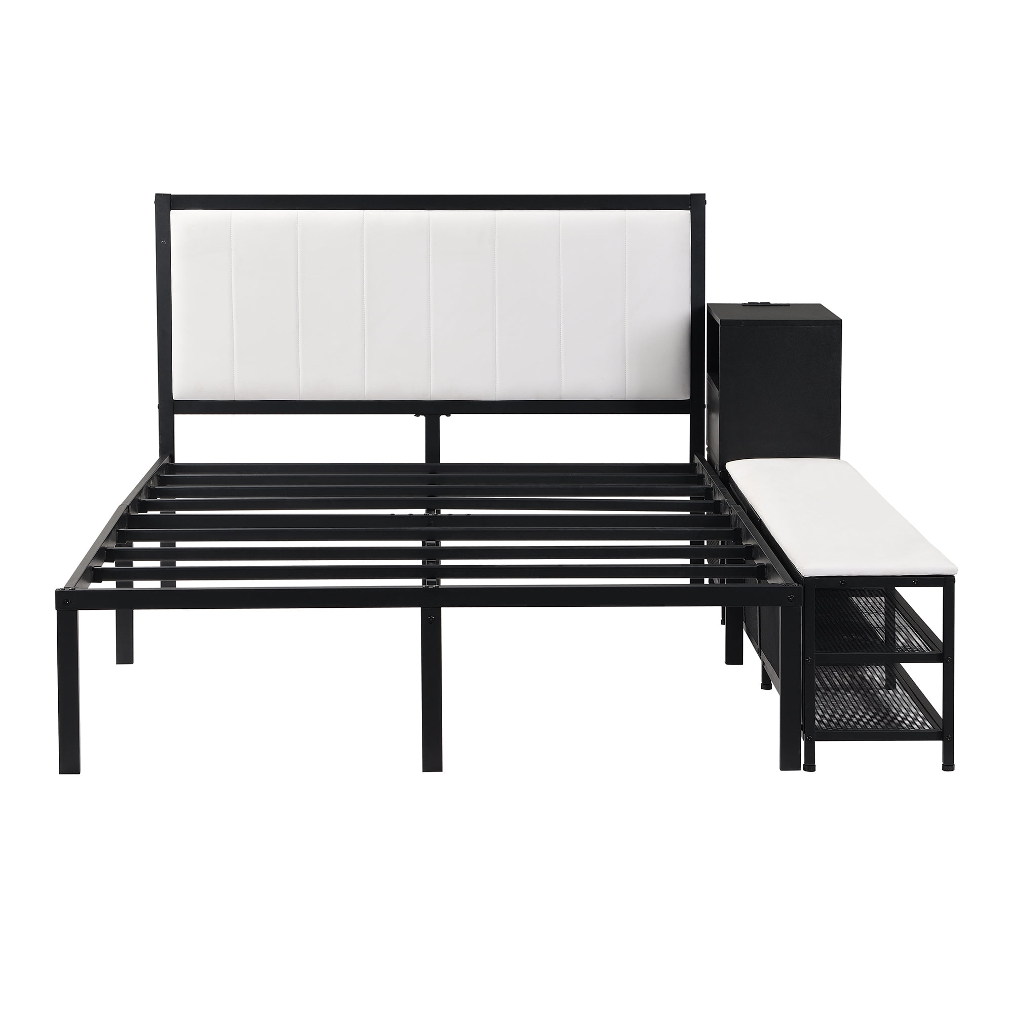 Euroco Metal Full Size Platform Bed with Storage Shleves and Ottoman, Black