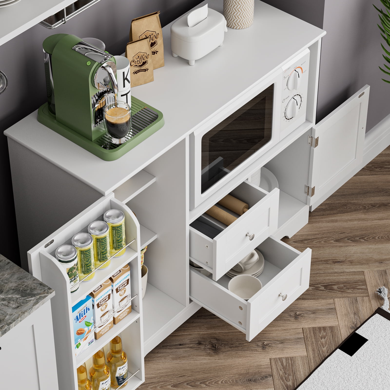 Homfa 40'' Kitchen Storage Cabinet, Buffet Cabinet Sideboard with  Drawers and Adjustable Shelves, Microwave Cabinet for Dining Room, White