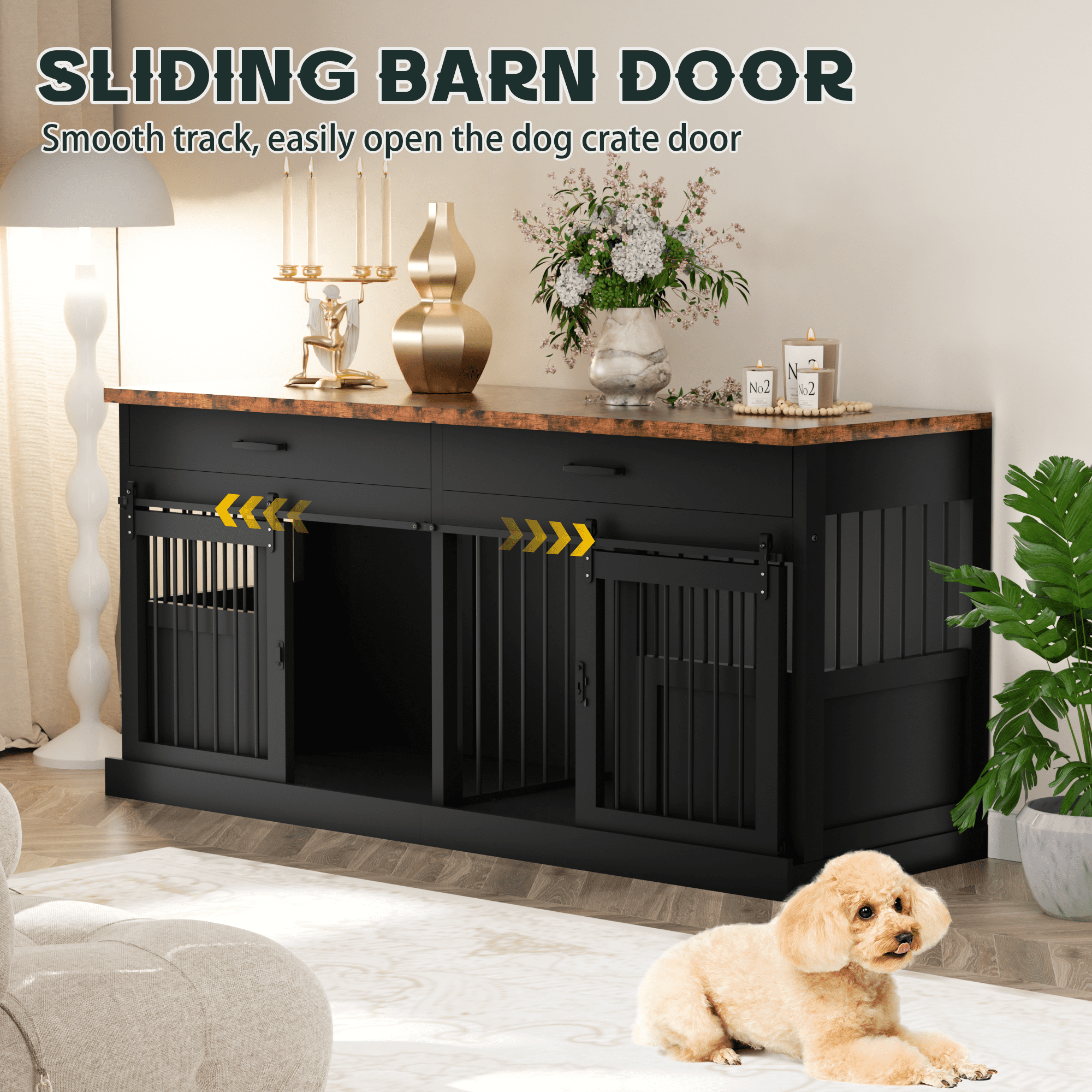 70.9" Large Double Dog Crate Furniture with Divider and 2 Drawers for 2 Dogs with 2-Door Indoor, Black+Natural Tabletop