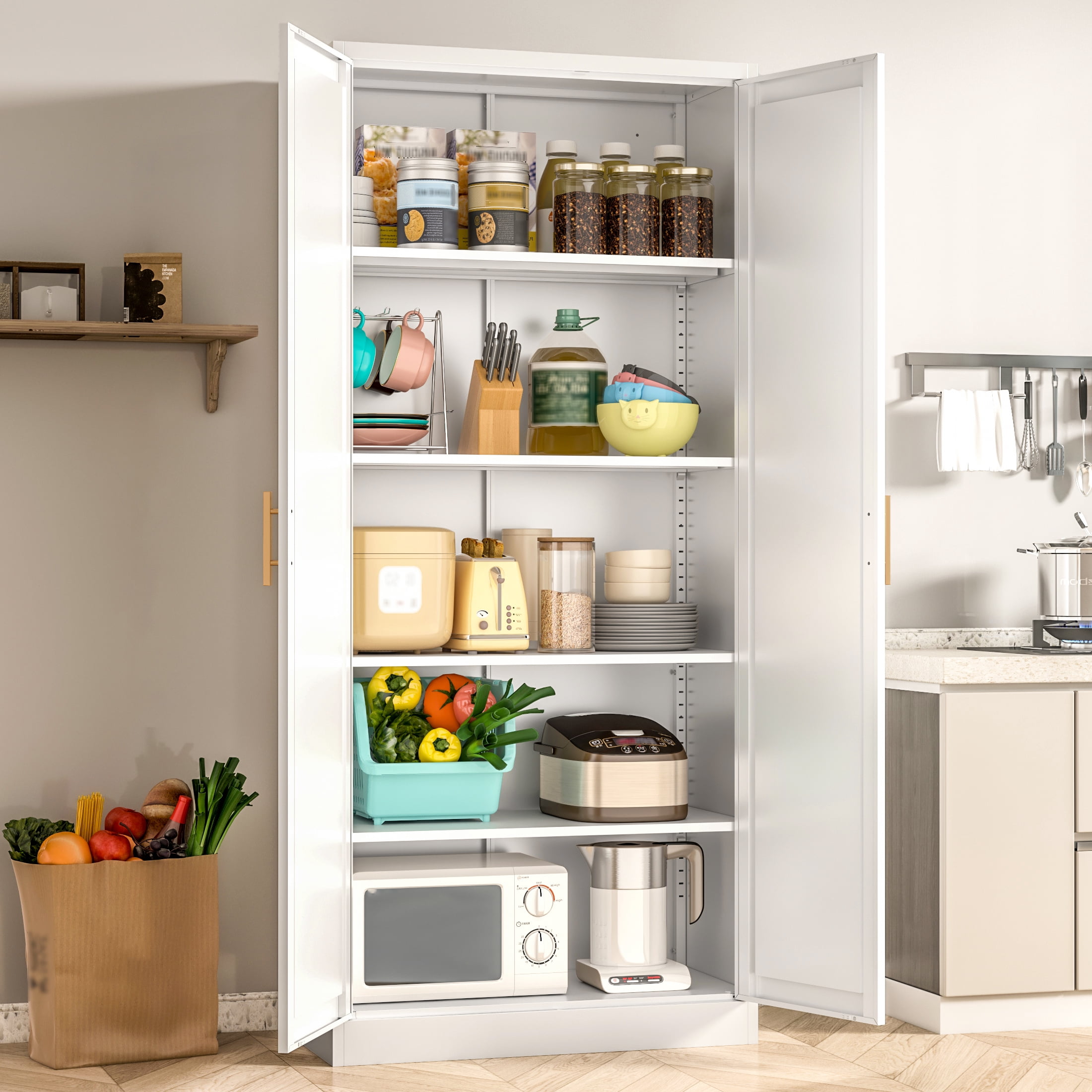 71" Tall Kitchen Pantry Cabinet, Metal Kitchen Pantry Storage Cabinet with Drawer and 2 Adjustable Shelves , Freestanding Pantry Cupboard for Living, Dining Room, White